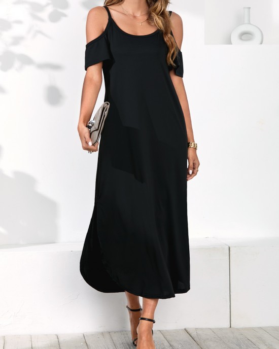 Cold Shoulder Black Double Side Pockets Dress