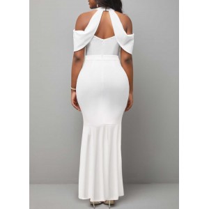 Cold Shoulder Bib Neck White Mermaid Dress