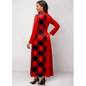 Plaid Patchwork Stand Collar Maxi Dress