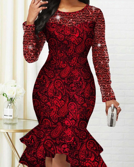 Tribal Print Hot Stamping Long Sleeve Round Neck Dress