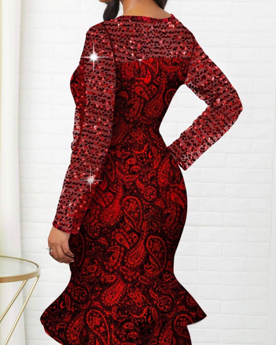 Tribal Print Hot Stamping Long Sleeve Round Neck Dress