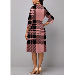 Pink 3/4 Sleeve Plaid Faux Two Piece Dress