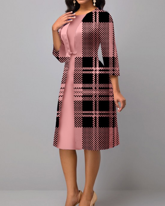 Pink 3/4 Sleeve Plaid Faux Two Piece Dress