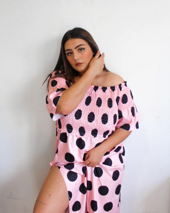 Smocked Off Shoulder Polka Dot Dress