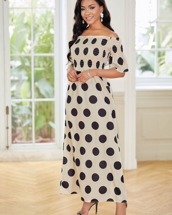 Smocked Off Shoulder Polka Dot Dress