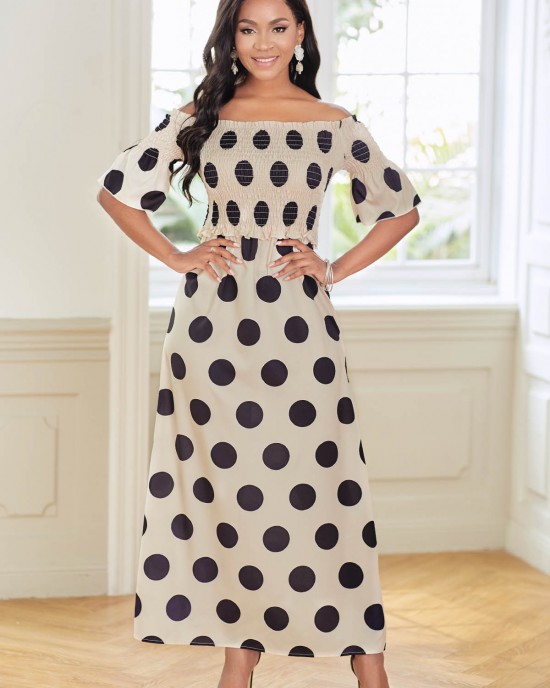 Smocked Off Shoulder Polka Dot Dress