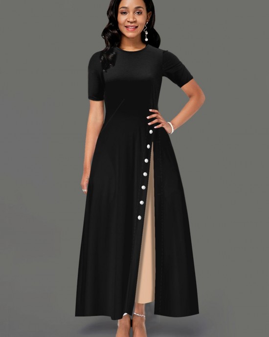 Inclined Button Side Pocket Contrast Maxi Dress