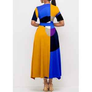 Belted Geometric Print Color Block Dress