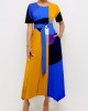 Belted Geometric Print Color Block Dress