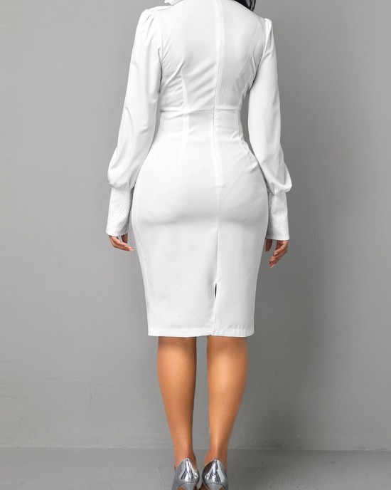 Bow Collar White Long Sleeve Dress