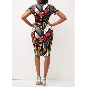 Belted Black V Neck Vary Chain Print Bodycon Dress