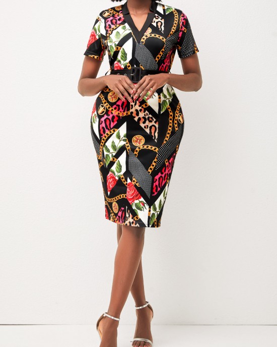 Belted Black V Neck Vary Chain Print Bodycon Dress