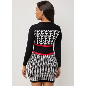 Round Neck Houndstooth Print Long Sleeve Sweater Dress