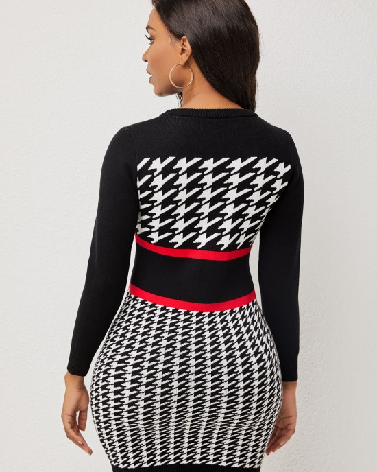 Round Neck Houndstooth Print Long Sleeve Sweater Dress