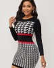 Round Neck Houndstooth Print Long Sleeve Sweater Dress