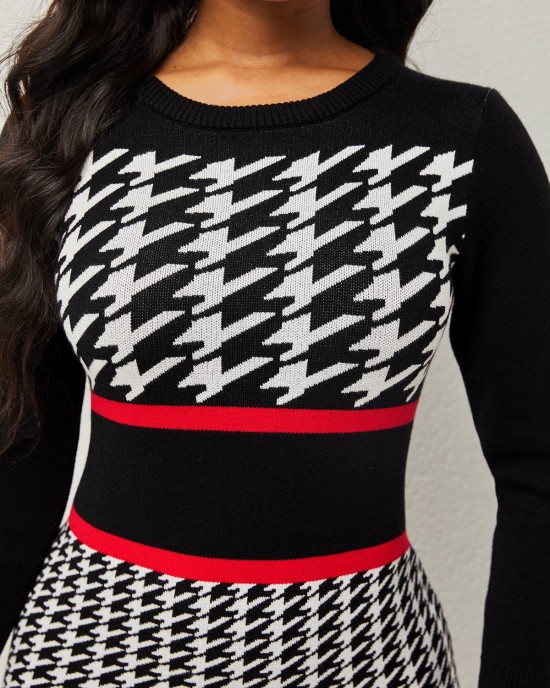 Round Neck Houndstooth Print Long Sleeve Sweater Dress