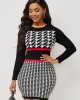 Round Neck Houndstooth Print Long Sleeve Sweater Dress