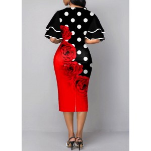 Polka Dot Layered Bell Sleeve Color Block Dress