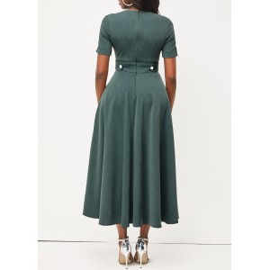 Decorative Button Split Neck Blackish Green Dress