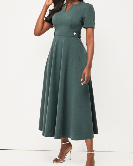 Decorative Button Split Neck Blackish Green Dress