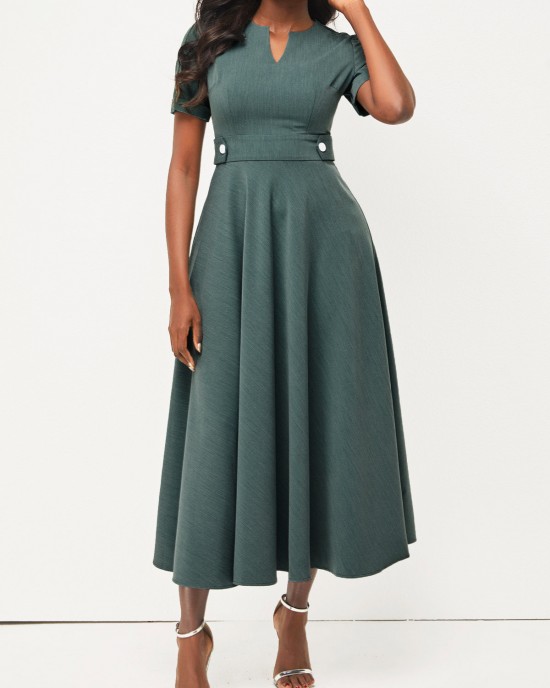 Decorative Button Split Neck Blackish Green Dress