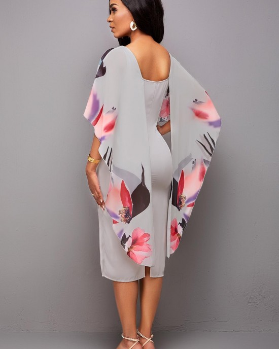 Floral Print 3/4 Sleeve Bodycon Dress