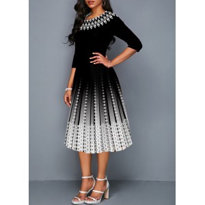 3/4 Sleeve Round Neck Black Ombre Dress