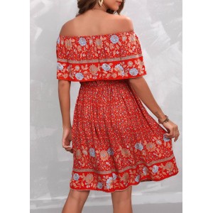 Bohemian Print Orange Red Off Shoulder Dress