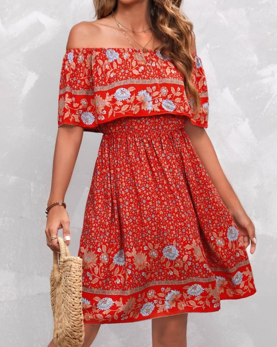 Bohemian Print Orange Red Off Shoulder Dress