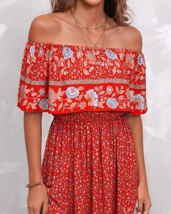 Bohemian Print Orange Red Off Shoulder Dress