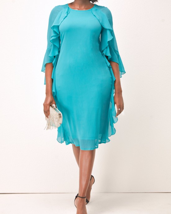 Ruffle Sleeve Faux Two Piece Turquoise Dress