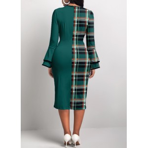 Plaid Patchwork Green Round Neck Bodycon Dress