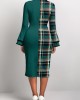 Plaid Patchwork Green Round Neck Bodycon Dress