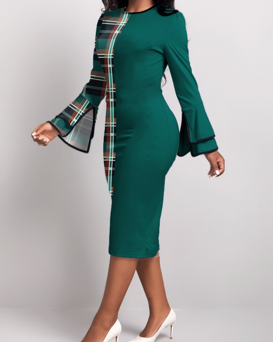 Plaid Patchwork Green Round Neck Bodycon Dress