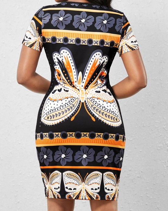 Black Round Neck Butterfly Print Bodycon Dress