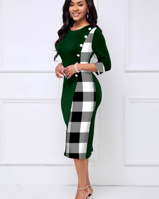 Checkered Decorative Button Round Neck Dress