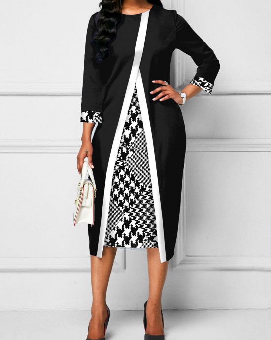 Houndstooth Print Black Faux Two Piece Dress