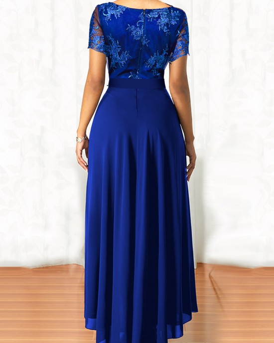 Belted Sapphire Blue Lace Patchwork Maxi Dress