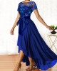 Belted Sapphire Blue Lace Patchwork Maxi Dress