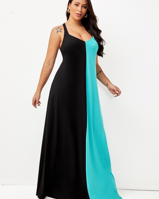 Spaghetti Strap Color Block Maxi Dress