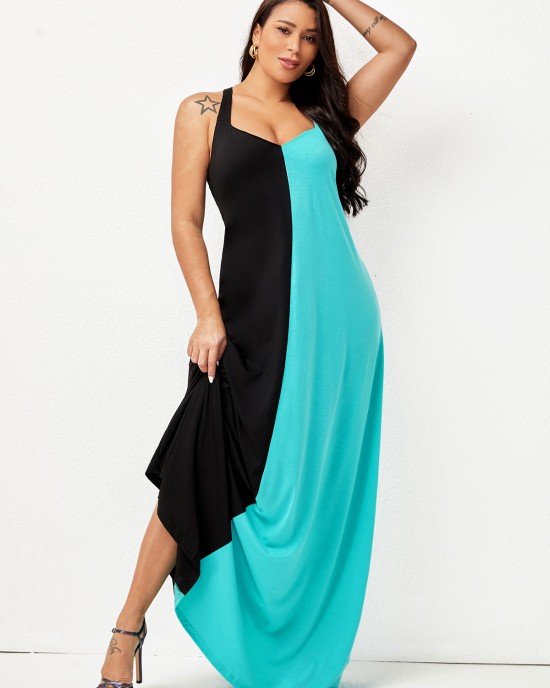 Spaghetti Strap Color Block Maxi Dress