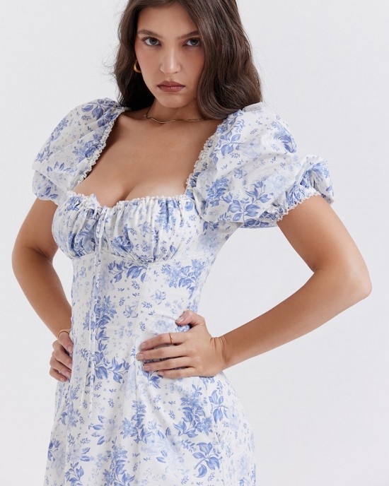 BLUE PRINT PUFF SLEEVE SUNDRESS