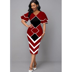 Geometric Print V Neck Sheath Dress