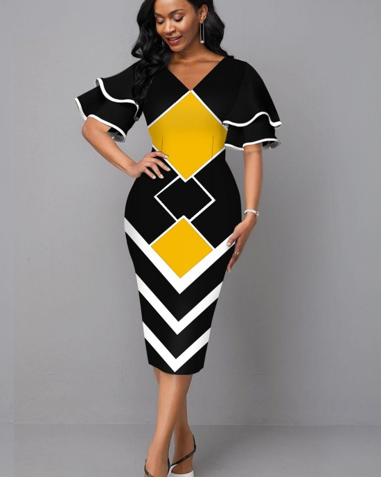 Geometric Print V Neck Sheath Dress