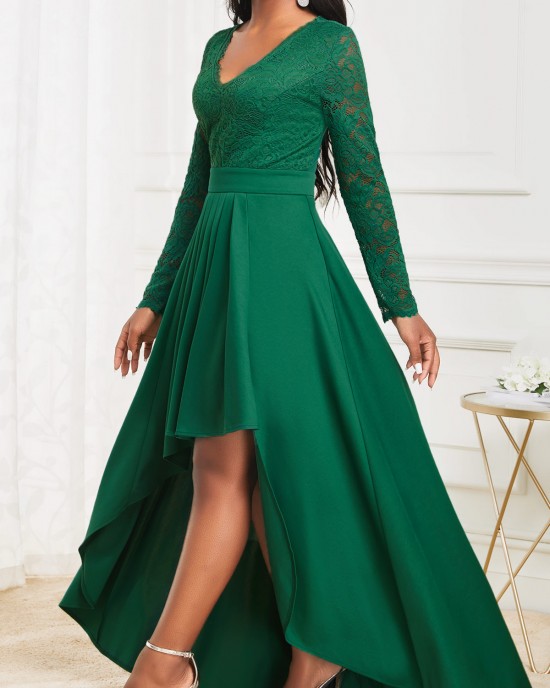 Green High Low V Neck Lace Dress