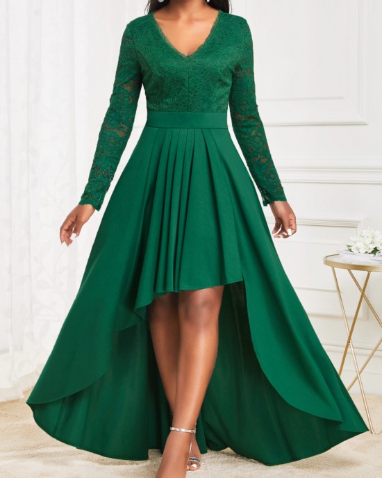 Green High Low V Neck Lace Dress