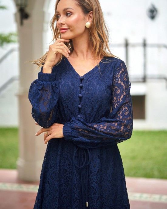 Paisley Lace Panel Navy Blue Drawstring Waist Dress