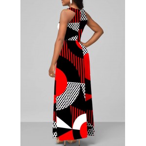 Geometric Print Red Bib Neck Maxi Dress