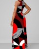 Geometric Print Red Bib Neck Maxi Dress