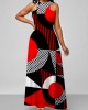 Geometric Print Red Bib Neck Maxi Dress